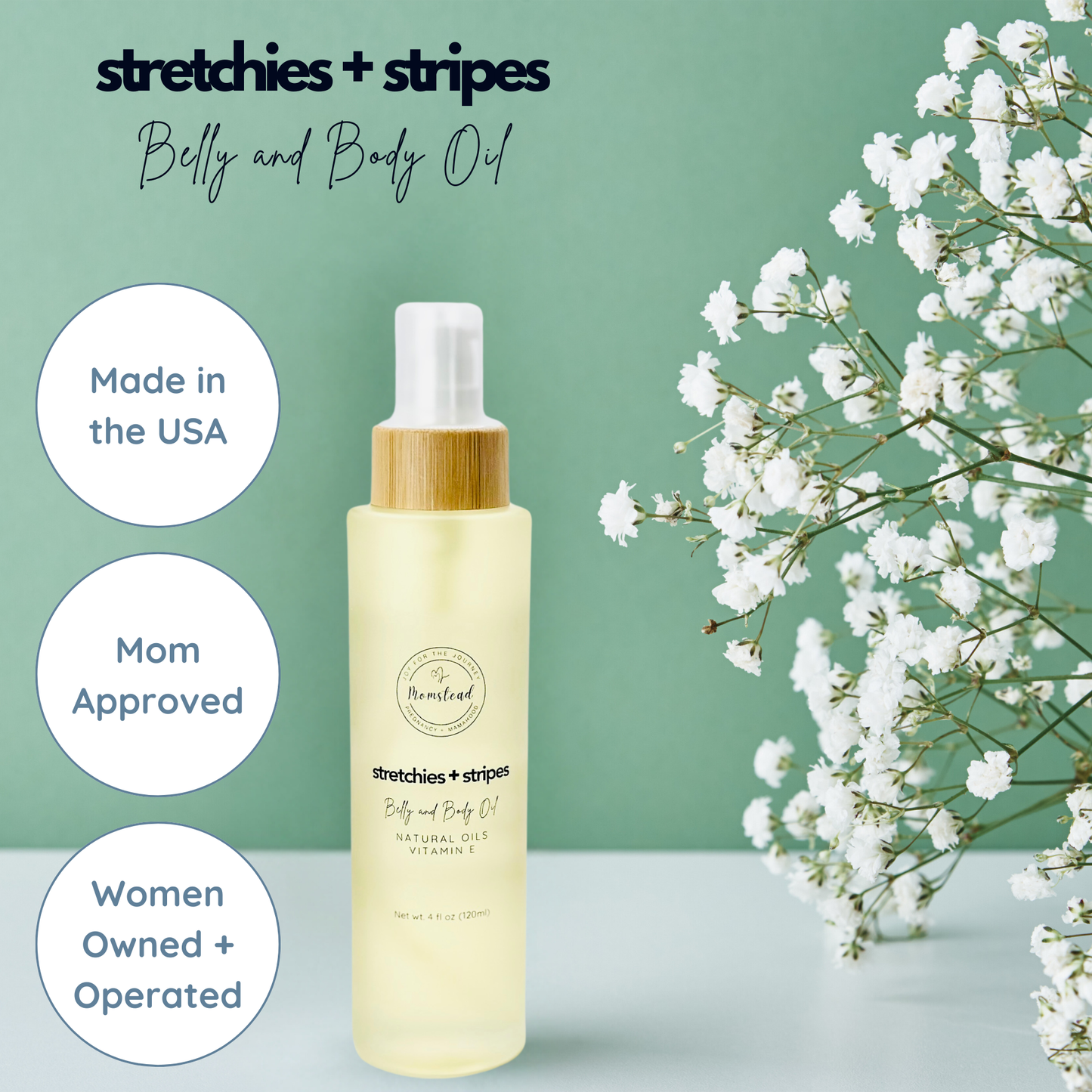 Momstead Stretchies and Stripes Belly and Body Oil is made in the USA and made by moms for moms