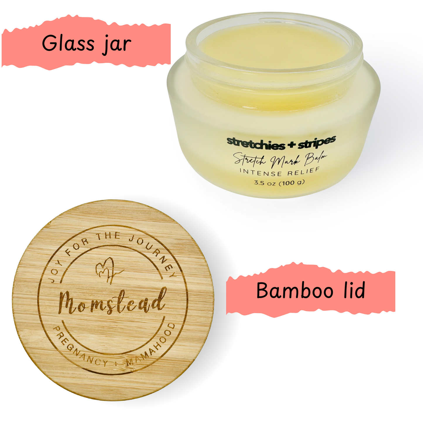 Momstead Stretchies and Stripes stretch mark line has a glass jar and bamboo lid. Premium quality for a deserving mama. 