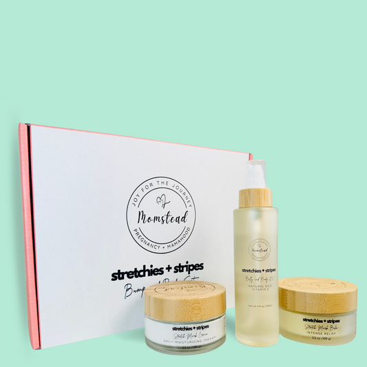 Momstead Stretchies and Stripes Bump and Body Set with Stretch Mark Cream, Stretch Mark Balm and Belly and Body Oil