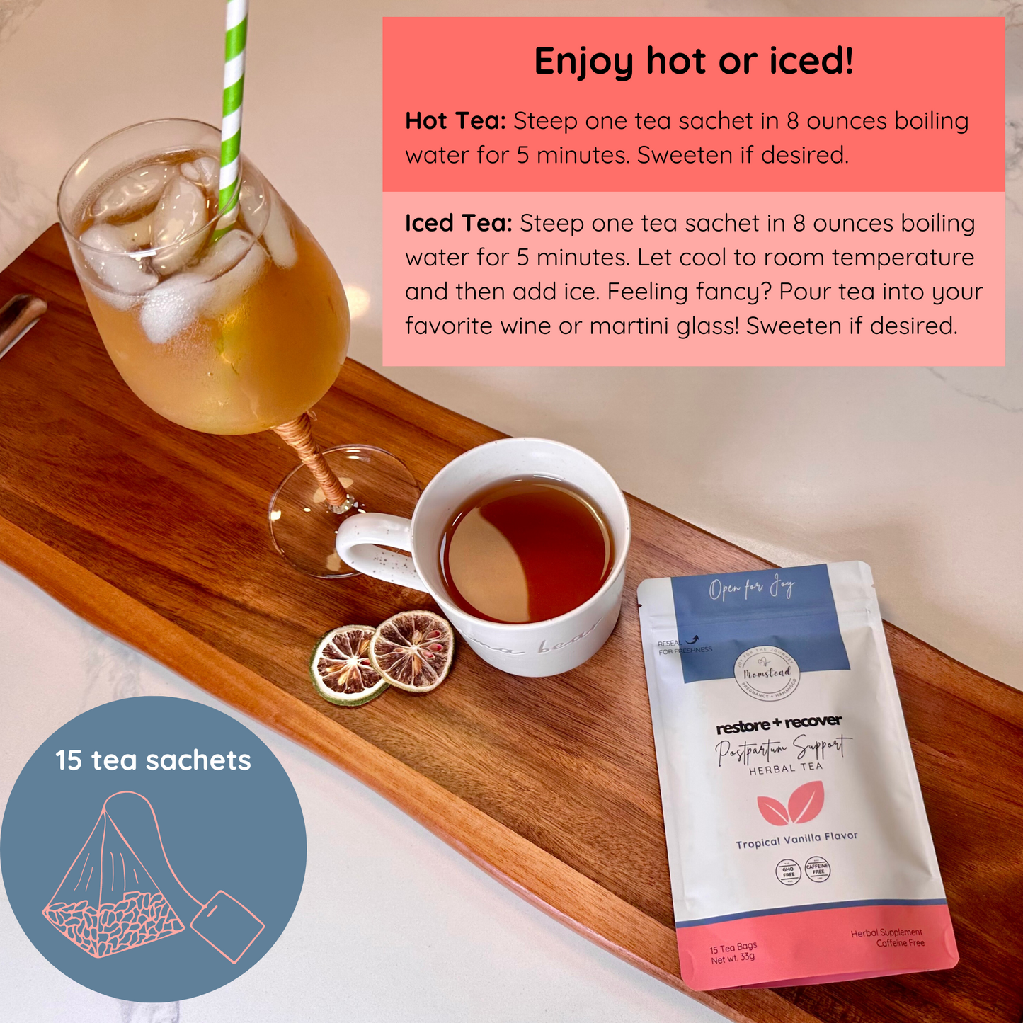 Momstead Postpartum support tea, postpartum iced tea, postpartum healing tea, herbal tea after childbirth